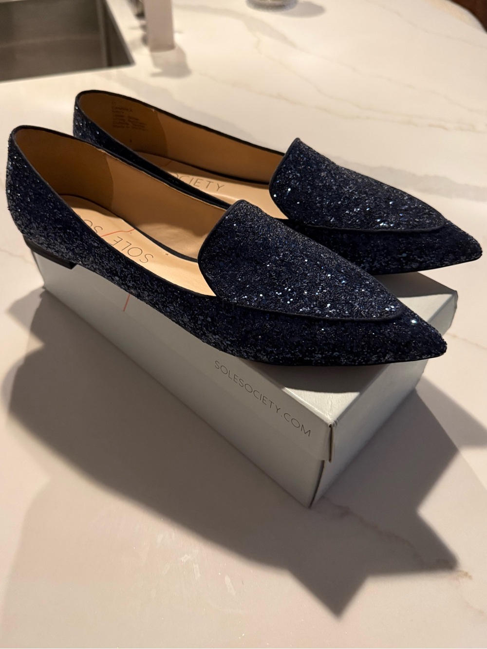 Sole Society Dark Navy Glitter Pointed Loafers